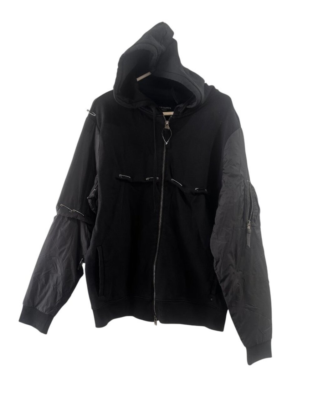 AllSaints Osier Zip Hoody Upcycled Safety Pins Mens Black Medium Grunge Gothic
